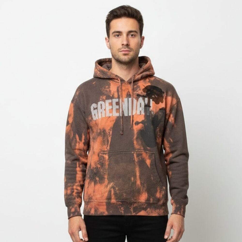 Vintage Y2K Green Day Punk Rock Hoodie Size L Music Tour Distressed Gray Tie Dye